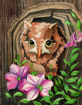 Owl and Clematis Print